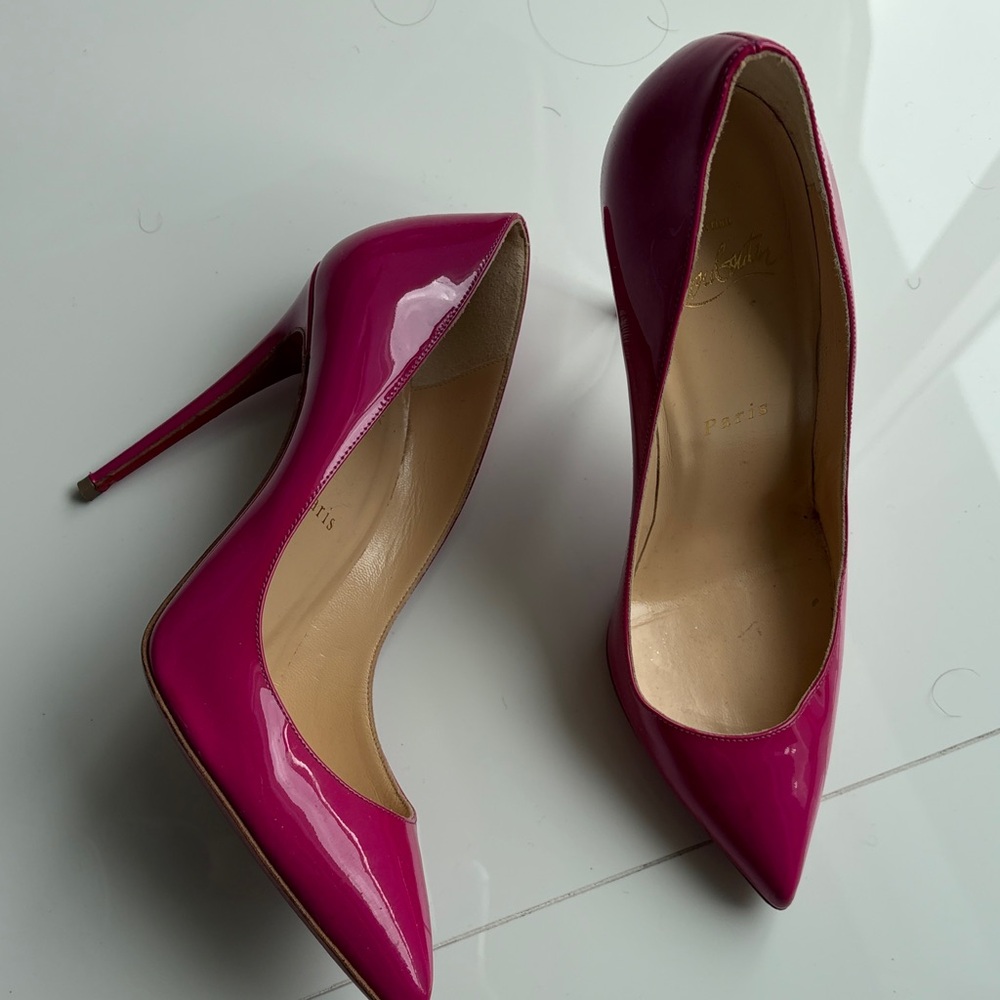 Christian Louboutin Patent Pointed-Toe Stiletto in Bright Pink